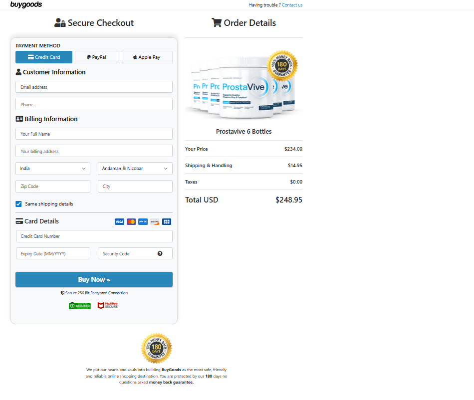 Prostavive  Secure Checkout page